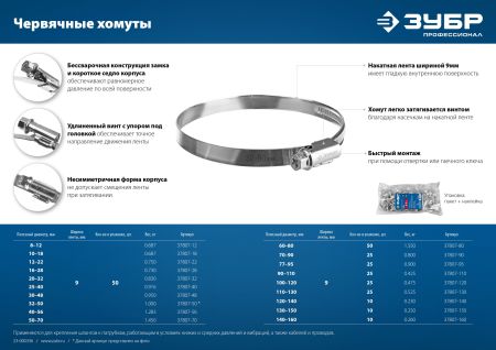 ЗУБР Х-9Н, 10 - 18 мм, накатная лента 9 мм, цинк, 50 шт, червячный хомут (37807-18)