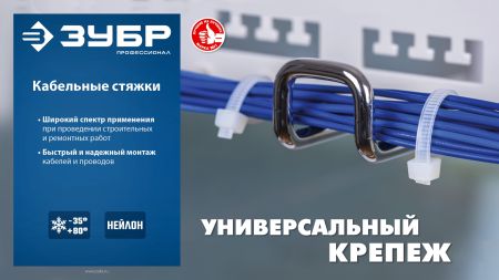 ЗУБР КС-Б1, 7.6 x 300 мм, нейлон РА66, 100 шт, белые, кабельные стяжки, Профессионал (309010-76-300)